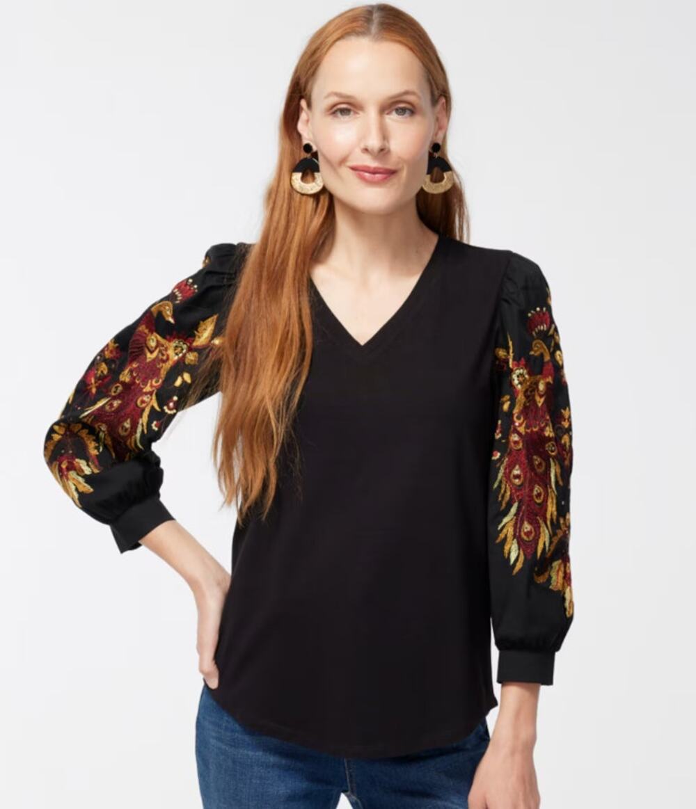 Chico's Black Bird Embroidered Puff Sleeve V-neck Blouse Women's size 2 / Large